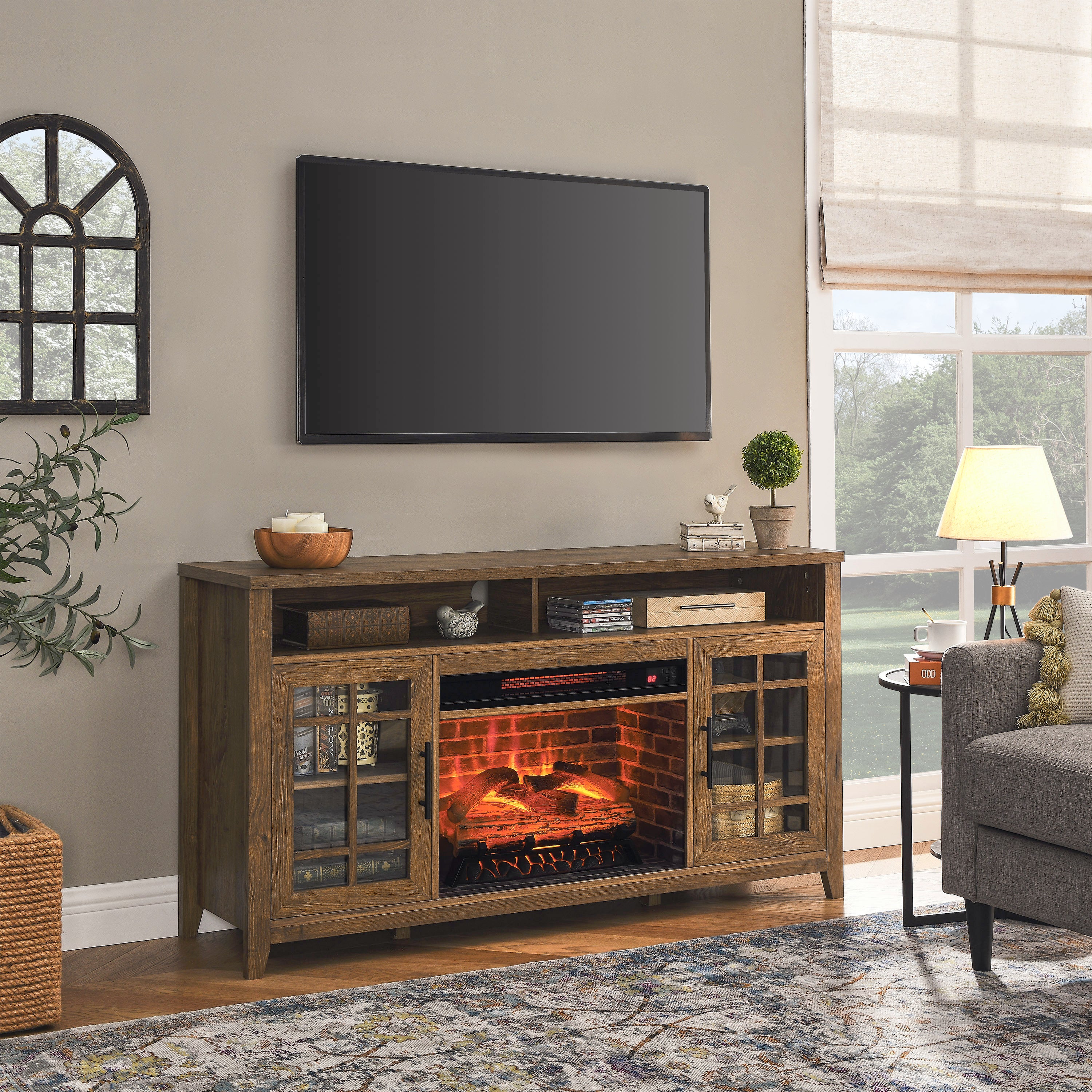 55 inch TV Media Stand with Electric Fireplace KD Inserts Heater,Reclaimed Barnwood Color