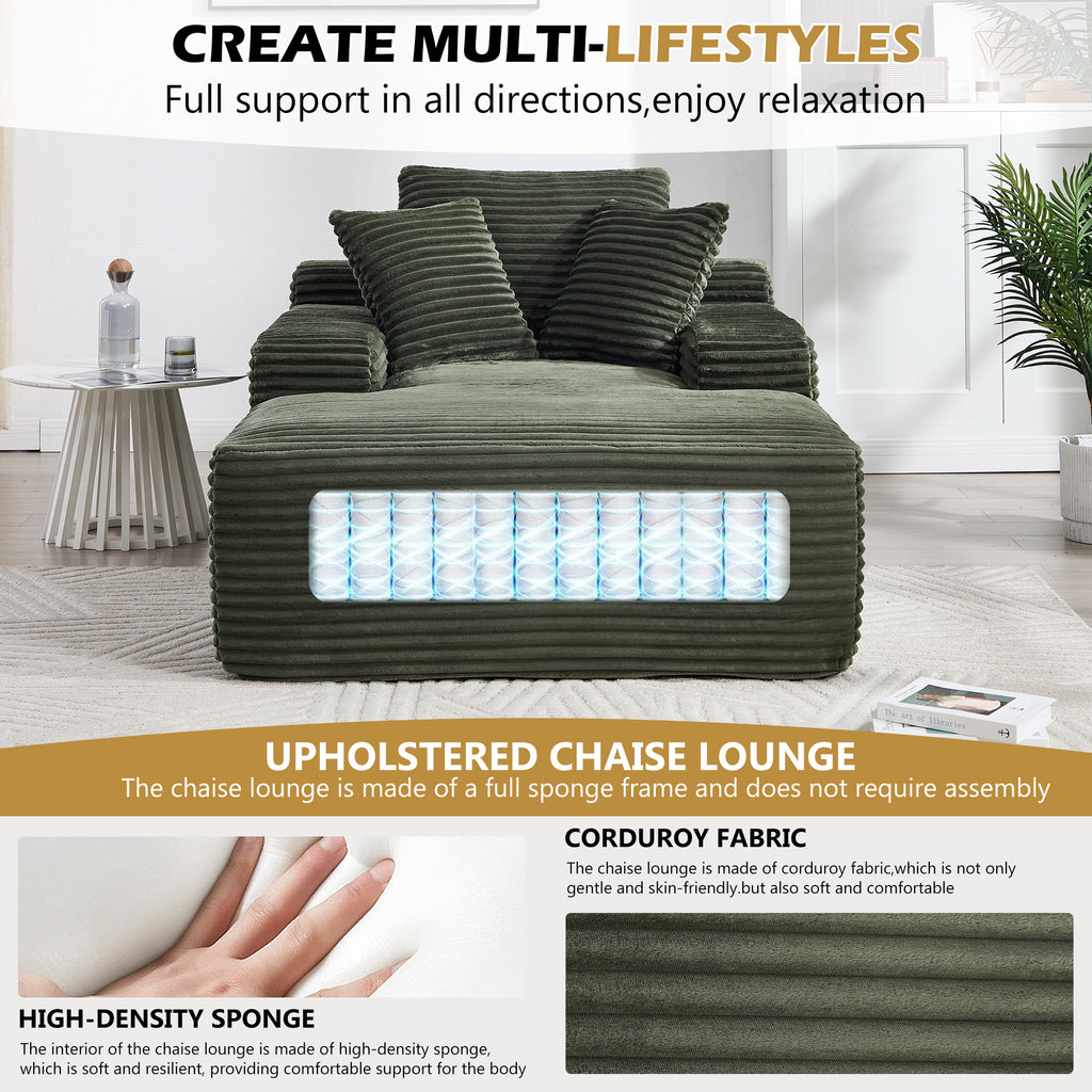 67" Chaise Lounge Chair 9.9'' Wide Armrest Indoor Corduroy Oversized Sleeper Sofa for Living Room Deep Seat Lounge and Three Soft Pillows Convertible Boneless Sofa Bed, Green, No Assembly Required