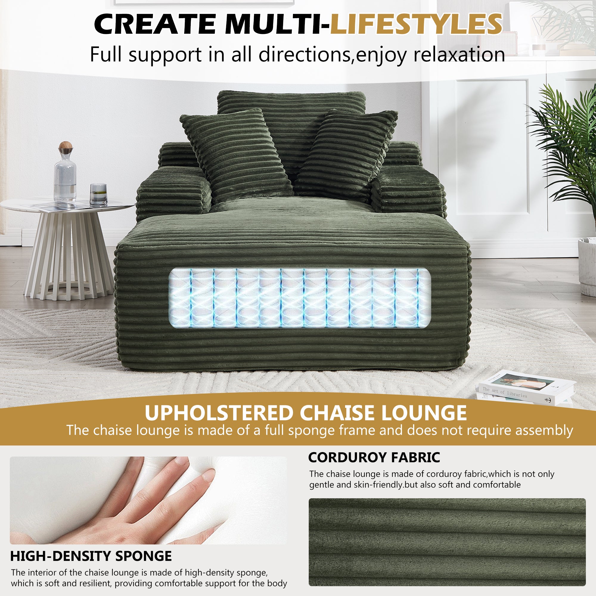67" Chaise Lounge Chair 9.9'' Wide Armrest Indoor Corduroy Oversized Sleeper Sofa for Living Room Deep Seat Lounge and Three Soft Pillows Convertible Boneless Sofa Bed, Green, No Assembly Required
