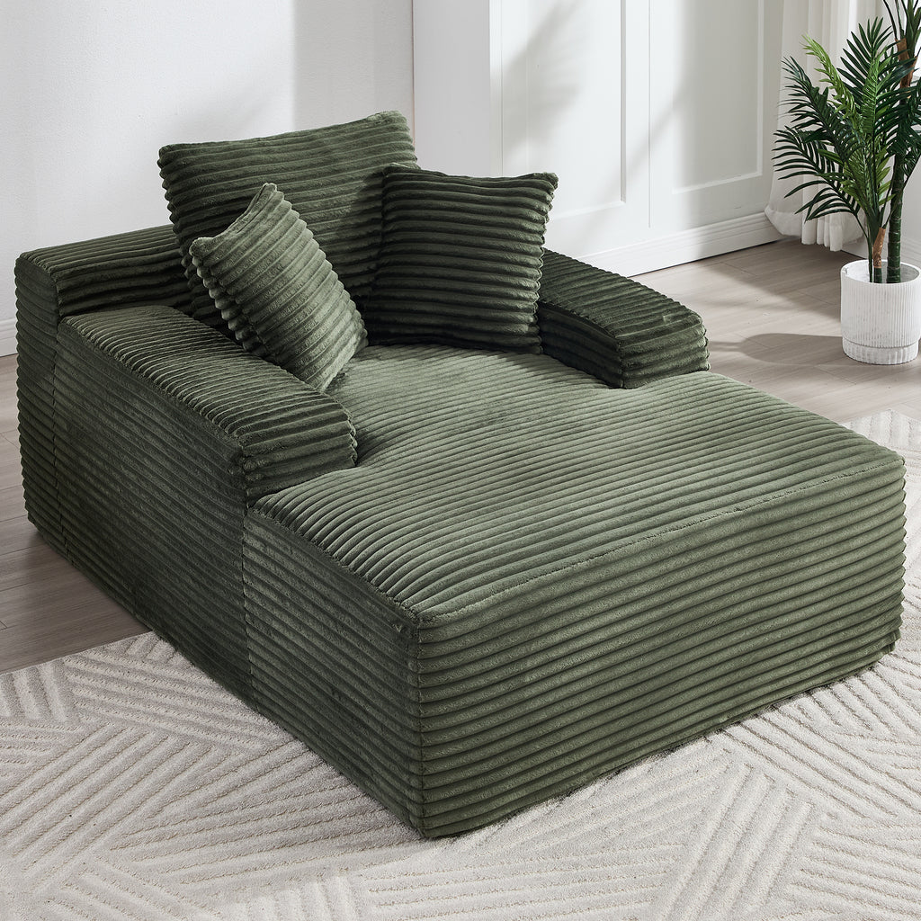 67" Chaise Lounge Chair 9.9'' Wide Armrest Indoor Corduroy Oversized Sleeper Sofa for Living Room Deep Seat Lounge and Three Soft Pillows Convertible Boneless Sofa Bed, Green, No Assembly Required