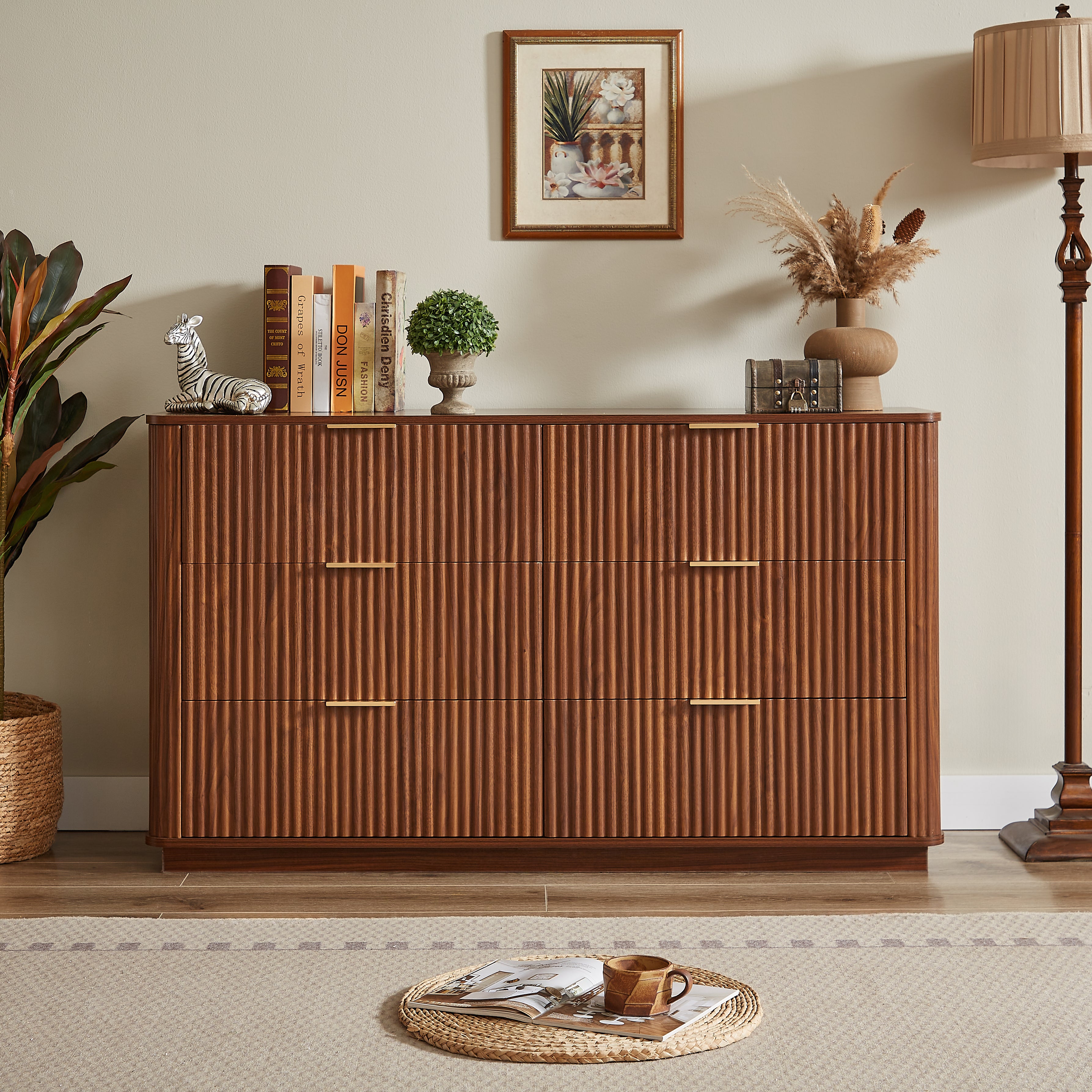 6 Drawers Dresser,55" Wide Modern Chest of Drawers Curved wave Design, Dresser TV Stand, Wood Drawer Organizer for Bedroom, Living Room, Hallway, Walnut,55.12''W x 15.75''D x 31.5''H.