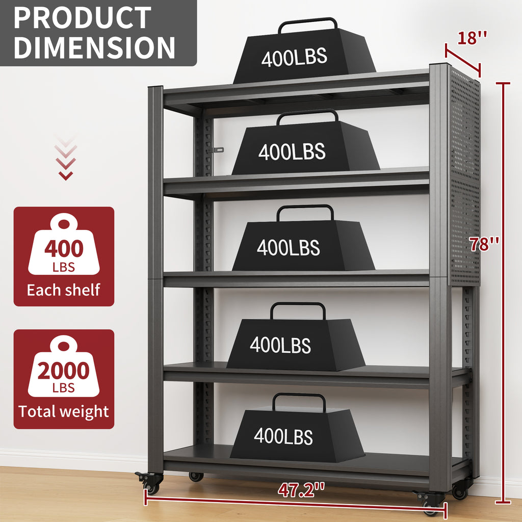 78"H 5 Tier Adjustable Shelving with Pegboard and Wheel, Heavy Duty Storage Shelves, Metal Shelving Unit Multipurpose Shelf for Warehouses, Garages, Offices, Bedrooms, Kitchens, 18"D*47.2"W*78"H