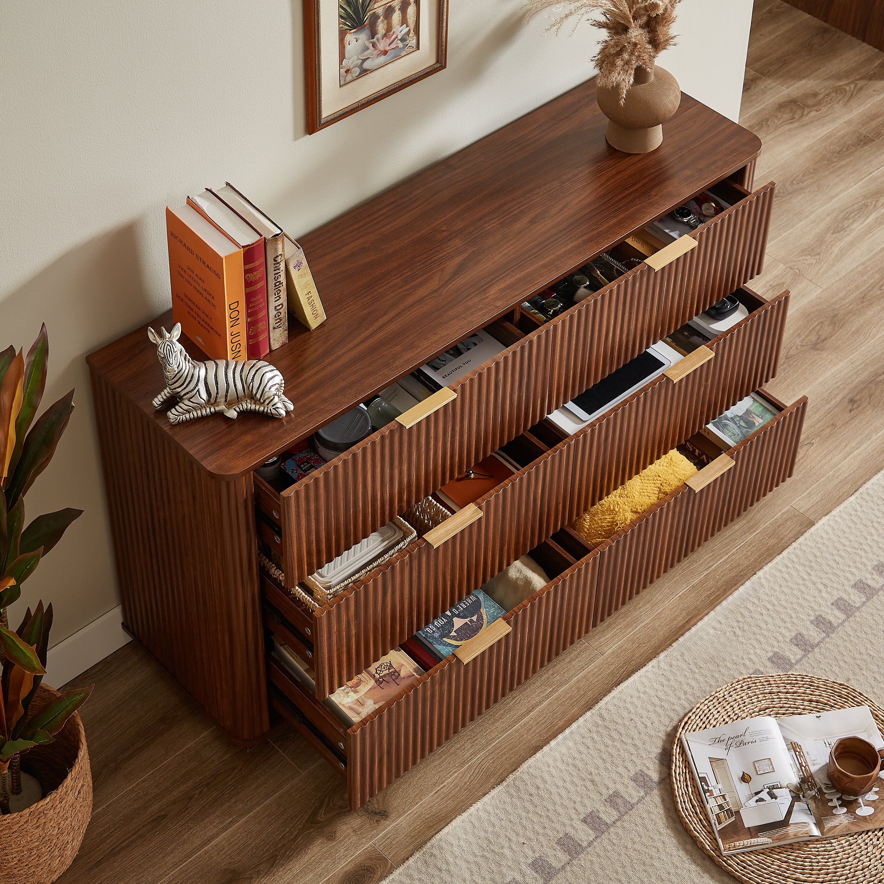 6 Drawers Dresser,55" Wide Modern Chest of Drawers Curved wave Design, Dresser TV Stand, Wood Drawer Organizer for Bedroom, Living Room, Hallway, Walnut,55.12''W x 15.75''D x 31.5''H.