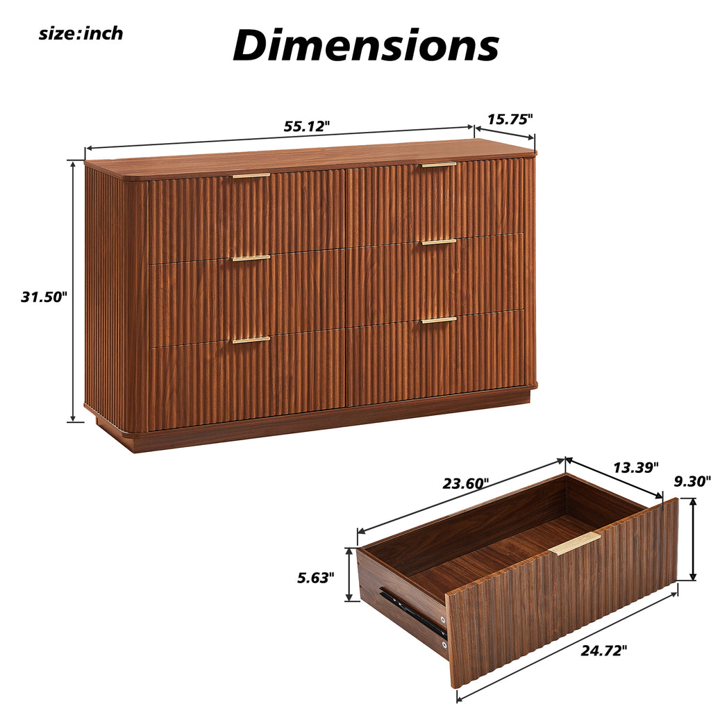 6 Drawers Dresser,55" Wide Modern Chest of Drawers Curved wave Design, Dresser TV Stand, Wood Drawer Organizer for Bedroom, Living Room, Hallway, Walnut,55.12''W x 15.75''D x 31.5''H.